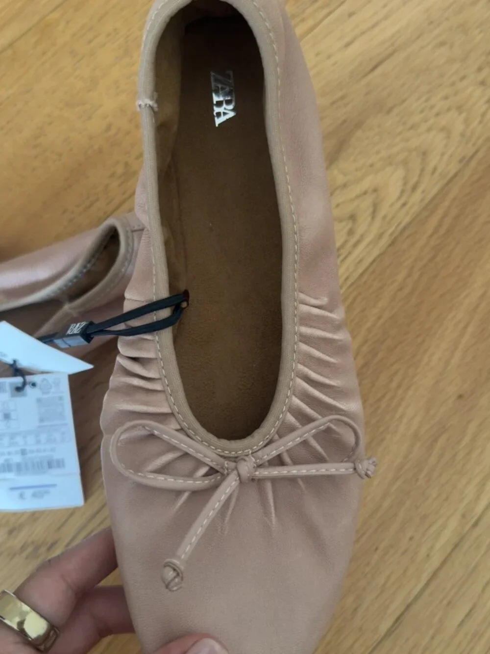 NWT Zara Blush Pink Leather Ruched Bow Ballet Flats 38